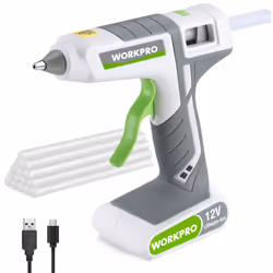 Pistolet à colle rechargeable puissant : chauffe en 180 secondes. WORKPRO pistolet à colle 12V est doté d'un système de chauf ...
