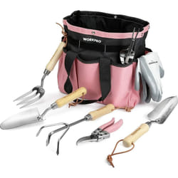 Workpro - Outils de Jardinage Rose 8 Pièces, Ensemble de Jardinage en Acier Inoxydable Lourd avec Poignée de Bois, Sécateur, Gants, Sarcloir, Griffe,