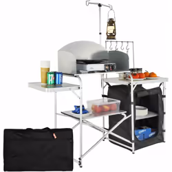 Cuisine de Camping Pliante Planche en MDF & Pare-Brise à Trois Côtés & Sac Portable Notre station de barbecue, dotée d'un sol ...
