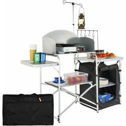 Cuisine de Camping 146x46x168 cm Armoire de Camping Pliable Structure en Alu Grand Comptoir Meuble de Cuisine avec Pare-Brise 2 Compartiments avec