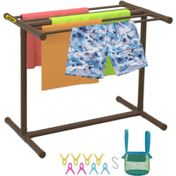 Porte-serviettes de Piscine, 5 Barres, Marron, Organisateur de Rangement Autoportant en Forme de t, avec Pinces, Sac et Crochet, pour Ranger