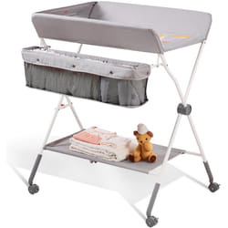 VEVOR Table a Langer Pliante avec Panier de Rangement et Roues Verrouillables Meuble a Langer en Acier au Carbone et Tissu Oxford Portable Charge Max