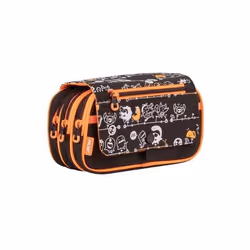 Trousse - Scolaire - Noir/Orange - 4 compartiments - Grand format - Fermeture éclair