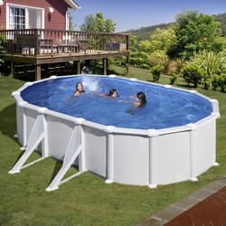 Piscine hors sol ovale GRE - 610x375x132cm - Acier laqué blanc - Liner bleu PVC