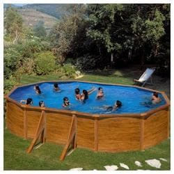 Piscine hors-sol ovale en acier décor bois GRE - 610 x 375 x h120 cm - Marron