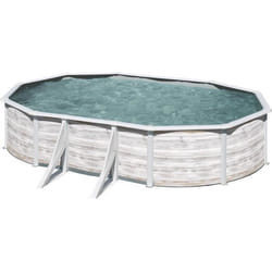 GRE - Piscine ovale acier 634m x 399m x H: 122m - Imitation bois Nordique Filtration à sable Renfort apparents