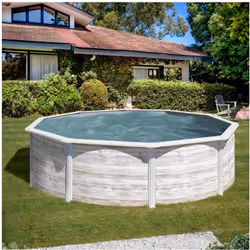 Kit piscine hors-sol aspect bois en acier ronde modèle MAURITIUS Ce kit piscine hors sol est vendu avec les équipements suiva ...