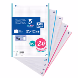 Oxford Recambio 5, Couleurs assorties, 120 feuilles, Papier quadrillé, A4, 90 g/m²