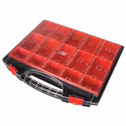 Tayg Boite de rangement, 13 compartiments amovibles, couvercle transparent, empilable, 430 x 370 x 85 mm, noir/rouge Cette bo ...