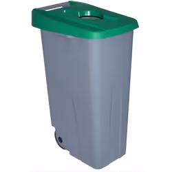 Conteneur avec roues et poignée. Couvercle ouvert pour faciliter le recyclage. Capacité 110 L. Emboîtable et empilable pour f ...
