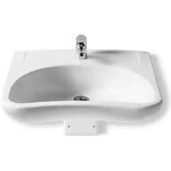 Le lavabo mural en porcelaine ACCESS de ROCA pour les personnes à mobilité réduite comprend un trou central pour l'installati ...
