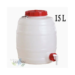 Fût Bidon 15 litres en polyéthylène alimentaire pour liquides et boissons, avec robinet, incolore, 30x35 cm