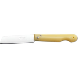 Couteau professionnel Arcos 485700 en acier inoxydable nitrum®, mango en polypropylène jaune et lame de 8,5 cm dans une boîte de présentation.