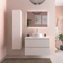 Cet ensemble est composé : - D'un meuble de salle de bain à suspendre finition laquée Mate 80 cm coloris Blanc. - D'un plan n ...