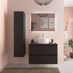Description générale Ce meuble de salle de bain à suspendre de 80 cm de large est conçu en finition laquée mate noire, accomp ...