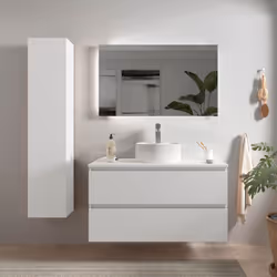 Cet ensemble est composé : - D'un meuble de salle de bain à suspendre finition laquée mate 100 cm coloris blanc. - D'un plan ...