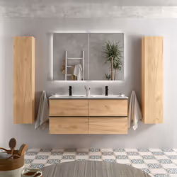 Cet ensemble est composé : - D'un meuble de salle de bain avec deux caissons à suspendre décor bois 120 cm effet chêne brute. ...