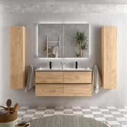 Meuble salle de bain - 120 cm - Plan double vasques céramique - Effet chêne brut - poignées noires - a suspendre - aruba