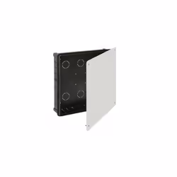 Boîte de connexion encastrée. 250 x 250 mm. Couvercle avec vis. Profondeur 60 mm. 20 entrées pour tube Ø 40 mm.