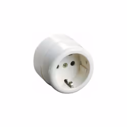Prise de courant bipolaire avec mise à la terre latérale, fond blanc en thermoplastique et matériau de couverture thermostabl ...