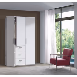 Armoire BOOST - Blanc brillant - 3 portes battantes - 3 tiroirs - Penderie 765cm - 5 étagères