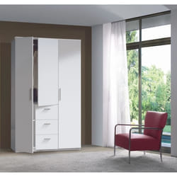 Armoire BOOST - Blanc brillant - 3 portes battantes - 3 tiroirs - Penderie 765cm - 5 étagères