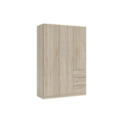 Armoire à trois portes battantes et trois tiroirs, couleur chêne canadien, 135 x 200 x 52 cm.