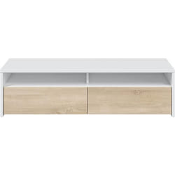 Meuble Tv Multimédia Avec 2 Portes Pliantes En Artik White Et Chêne Canadien 130 Cm