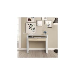Console extensible / bureau - 2 tiroirs - 88 x 99 x 36 cm - Blanc/Chêne