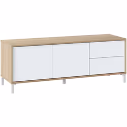 Meuble TV "Brooklyn" - 2 portes + 2 tiroirs - 130 x 41 x 40 cm - Blanc/Chêne