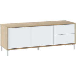 Meuble TV "Brooklyn" - 2 portes + 2 tiroirs - 130 x 41 x 40 cm - Blanc/Chêne