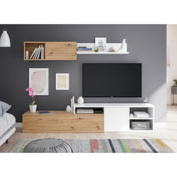 Ensemble meuble TV réversible JULIA - Mélaminé blanc et chêne - 2 Portes battantes - L220 x P40 x H 44 cm