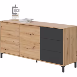 Buffet 2 portes 3 tiroirs - Panneaux de particules mélaminé - Chêne et noir - BROOKLYN L 154 cm x P 41 cm x H 74 cm