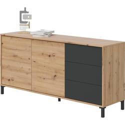 Buffet 2 portes 3 tiroirs - Panneaux de particules mélaminé - Chêne et noir - BROOKLYN L 154 cm x  P 41 cm x H 74 cm