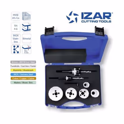Coffret Izar composé de 5 scie trépans bi-métal HSSE 8%Co et de deux arbres de fixation. Les arbres de fixation sont munis de ...