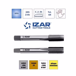 Jeu de 2 tarauds à main HSS métrique pas fin M10 Izar, avec pas de 0.50, 0.75, 1.0 ou 1.25 mm au choix. Le jeu de tarauds com ...