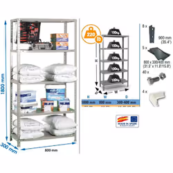 Simon Rack - Etagère confort 1800x800x300mm Gris galva Charge 100Kg - MINI 5/300 CARACTERISTIQUES TECHNIQUES Dimensions : 180 ...