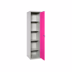 Armoire à balais en métal Livrée démontée Il dispose de 1 porte rose et de 4 étagères en retrait à l’intérieur, laissant de l ...