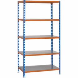 Étagère en métal sans vis, de couleur bleu/orange/galva avec 5 étagères Il a une capacité de charge par étagère de 200 kg et  ...