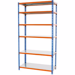 Étagère en métal sans vis, bleu/orange/galva avec 6 étagères Il a une capacité de charge par étagère de 200 kg et une capacit ...