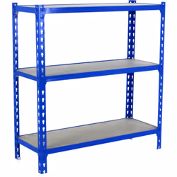 Étagère en métal sans vis, couleur bleu/bois avec 3 étagères en bois Il a une capacité de charge par étagère de 200 kg et une ...