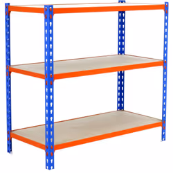 Étagère en métal sans vis, de couleur bleu/orange/bois avec 3 étagères en bois Elle a une capacité de charge par étagère de 2 ...