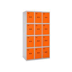 Casier en métal GRIS / ORANGE avec mesures : (hauteur x largeur x longueur) 1800x900x500 mm Livré démonté Il a 3 corps et 12  ...