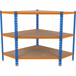 Étagère d’angle en métal sans vis avec plateaux en aggloméré, de couleur BLEU/ORANGE/BOIS Elle dispose de 3 étagères Comprend ...