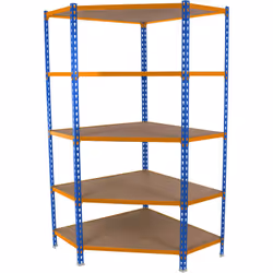 Étagère d’angle en métal sans vis avec plateaux en aggloméré, de couleur BLEU/ORANGE/BOIS Elle dispose de 5 étagères Comprend ...