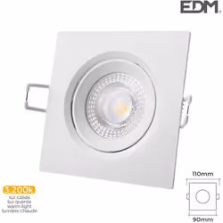 Downlight LED 5W avec un flux lumineux de 380lm. Dimensions : carré côté 110mm perçage 7,4cm finition Blanc. Teinte de lumièr ...