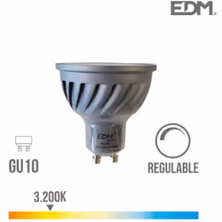 Spot LED GU10 6W lumière équivalente à 45W. Teinte de lumière : Blanc Chaud 3200K - angle d'éclairage à 120°. Flux lumineux d ...