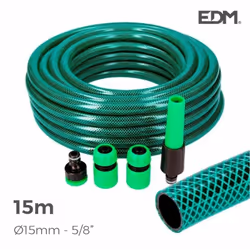 Kit de tuyau d'arrosage Basic Line Ø intérieur 15 mm Ø extérieur 19 mm (5/8") - Rouleau de 15 m avec accessoires EDM Tuyau d' ...