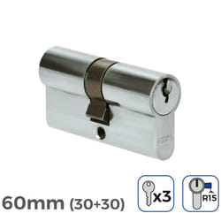 EDM - Cylindre De Porte à Nickel 60mm (30+30mm) Largeur De Came R15 3 Clés Inclus