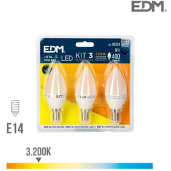 EDM - Lot de 3 Ampoules led E14 5W Flamme équivalent à 50W - Blanc Chaud 3200K